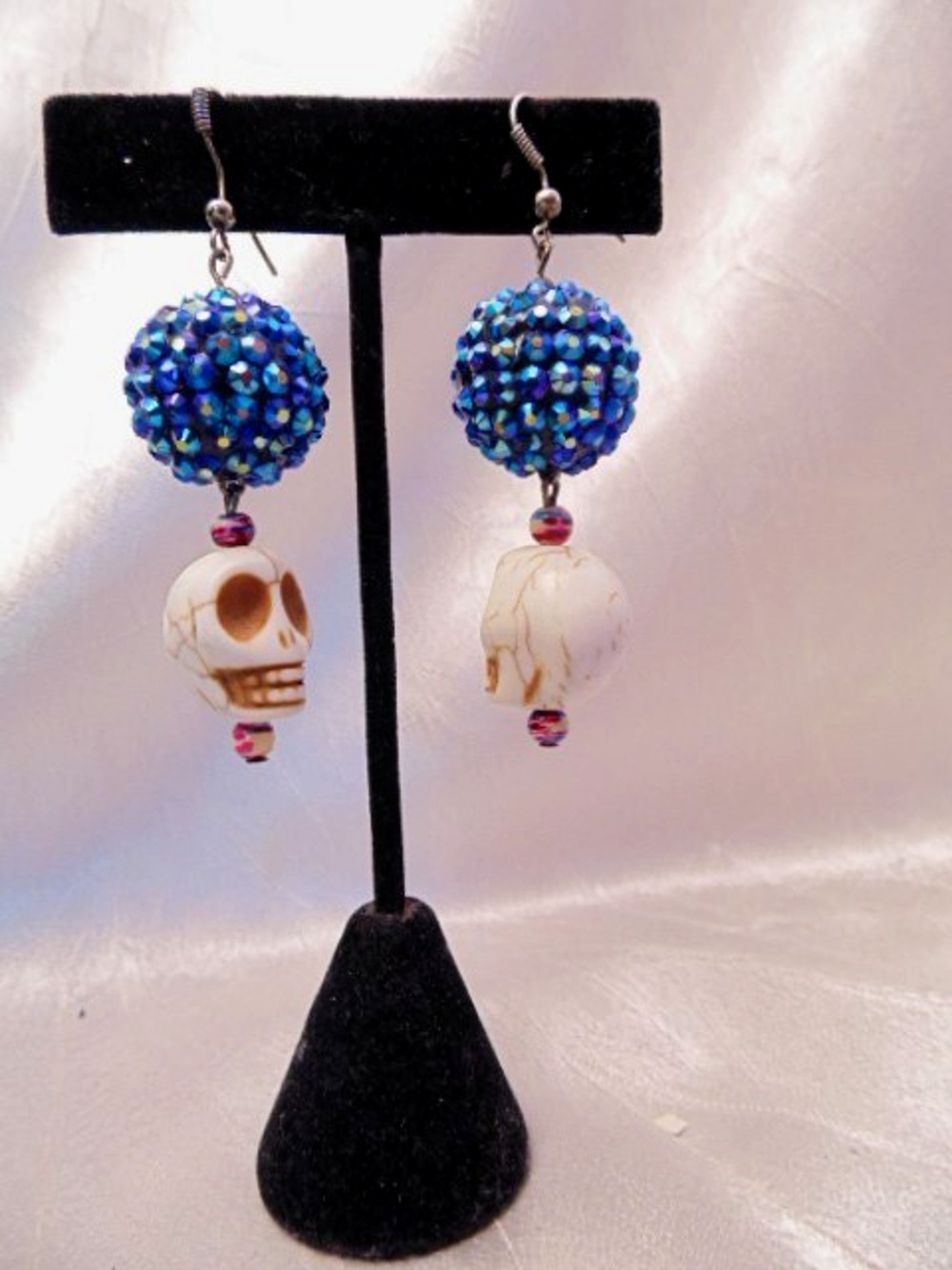 Ceramic Skull Halloween Earrings Turquoise Rhinestone Ball Drop Day of the Dead